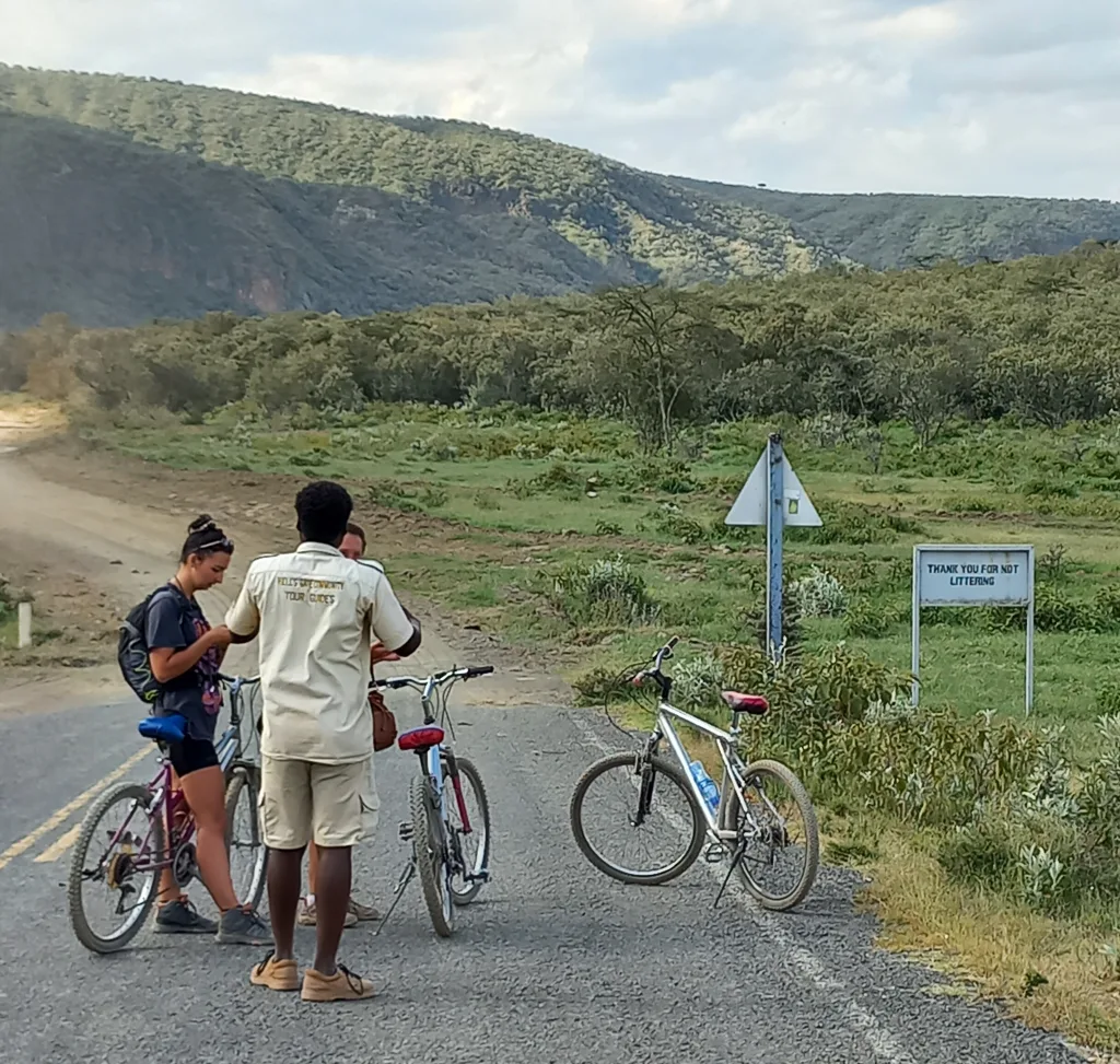 Blue bicycle parked on a dirt road in Hell's Gate National Park with zebras in the distance.